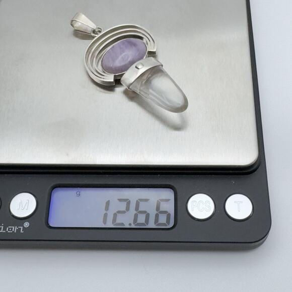 Sterling Silver Purple Stone Pendant Clear Stone Architectural Modern - Picture 7 of 7